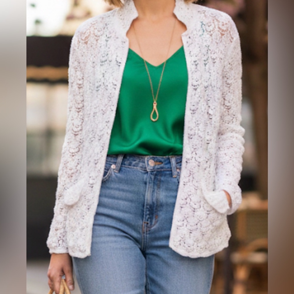 Vintage Talbots Petites Crochet Lady Jacket Cardigan Sweater Cream Ivory M L